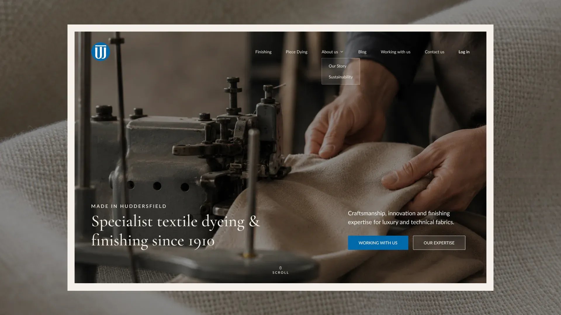 W.T Johnson website homepage concept shown on a textile backdrop